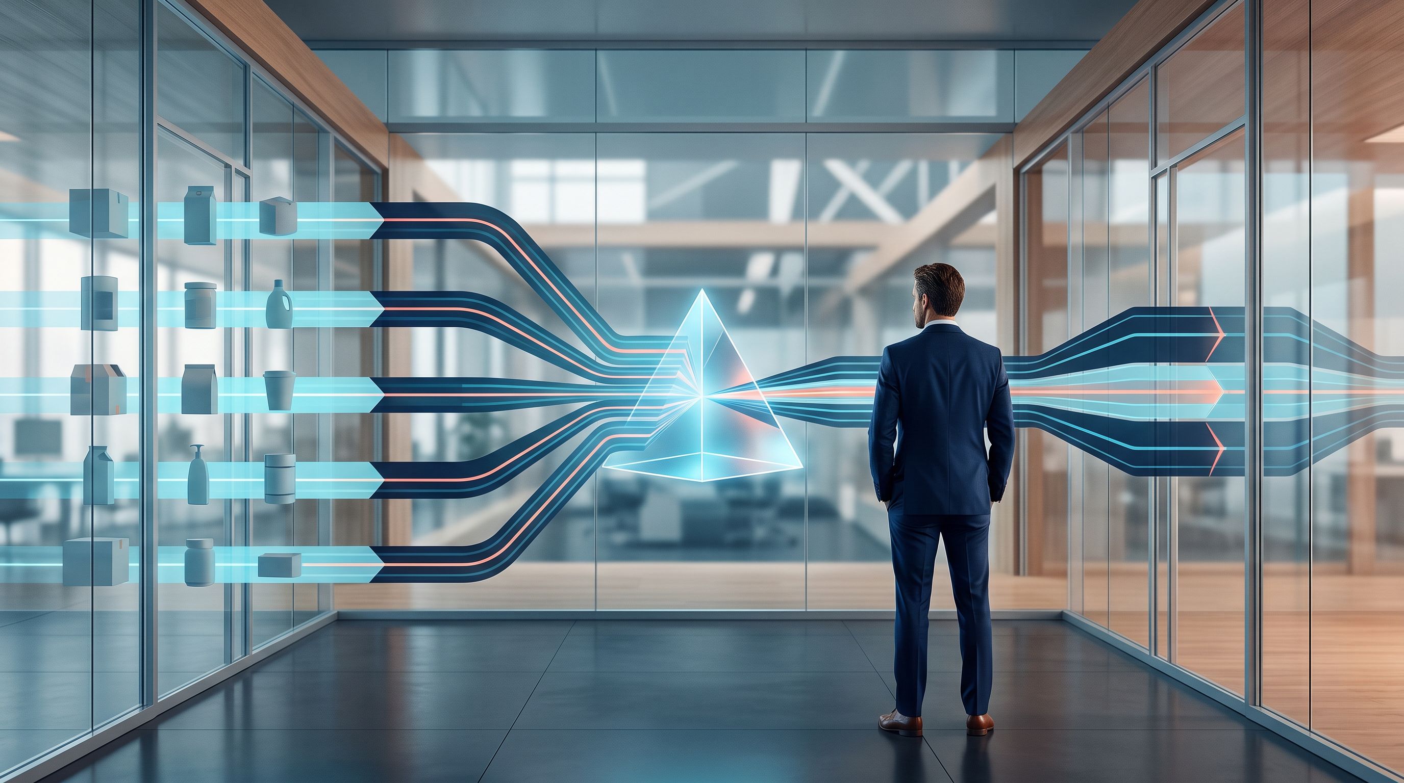 Stratège observant cinq flux de données d’achat converger vers un prisme analytique transparent
