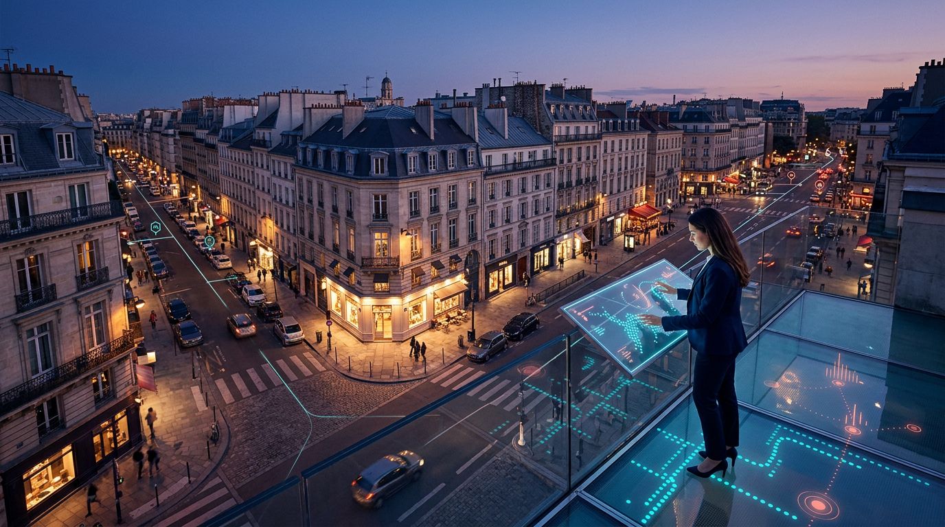 Analyste observant des parcours lumineux et des repères de proximité au-dessus d’un quartier urbain