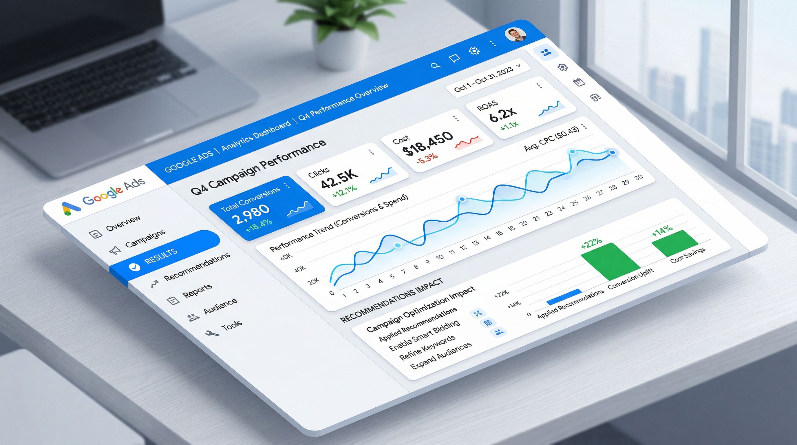 Dashboard Google Ads montrant l'onglet Results avec les métriques de performance des recommandations