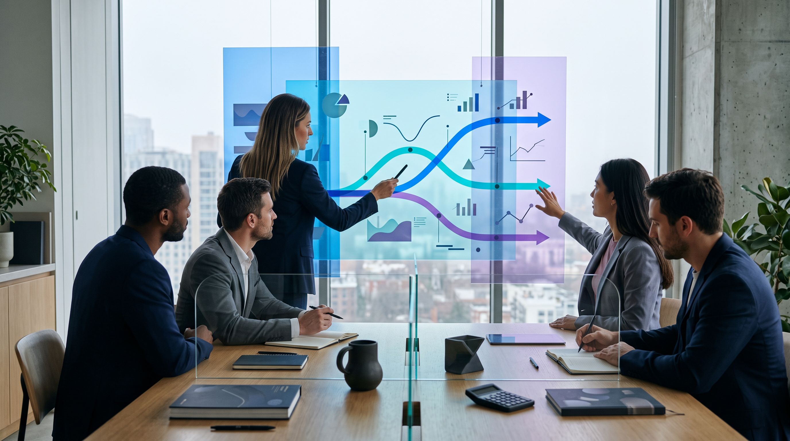 Équipe construisant plusieurs scénarios de prévision pour un budget marketing digital
