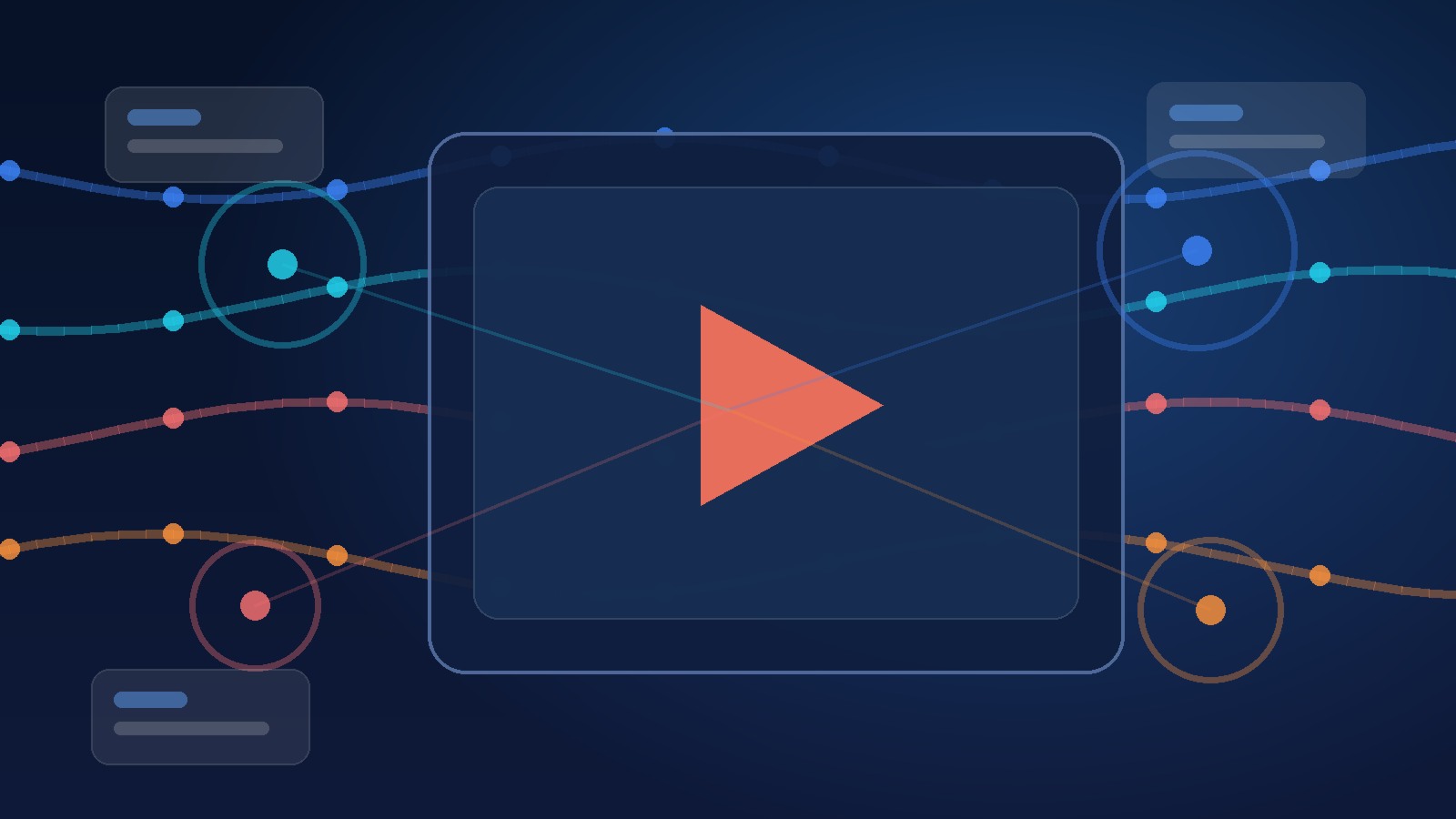 Illustration abstraite d’une campagne vidéo ciblée reliant formats, audiences et signaux de performance, sans texte ni logo