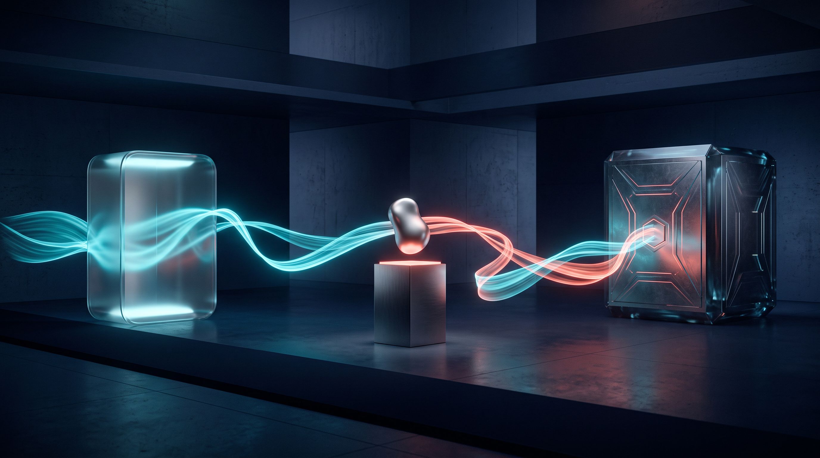 Flux lumineux abstraits reliant un espace de conversation, un produit et un coffre de données client