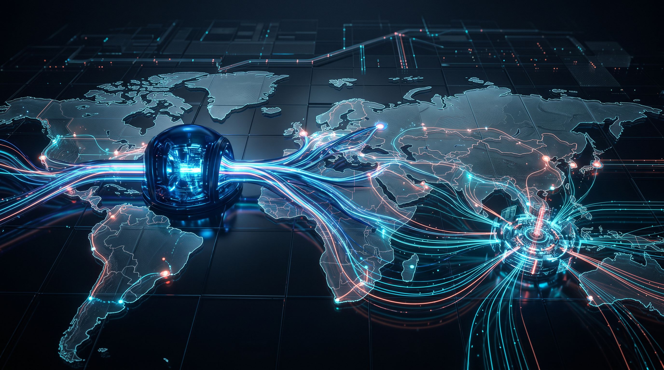 Réseau lumineux reliant plusieurs régions sur une carte du monde abstraite