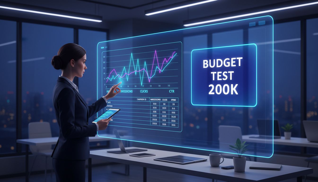 Illustration originale d'un Ads Manager conversationnel avec indicateurs de campagne et pilotage média dans un assistant IA.