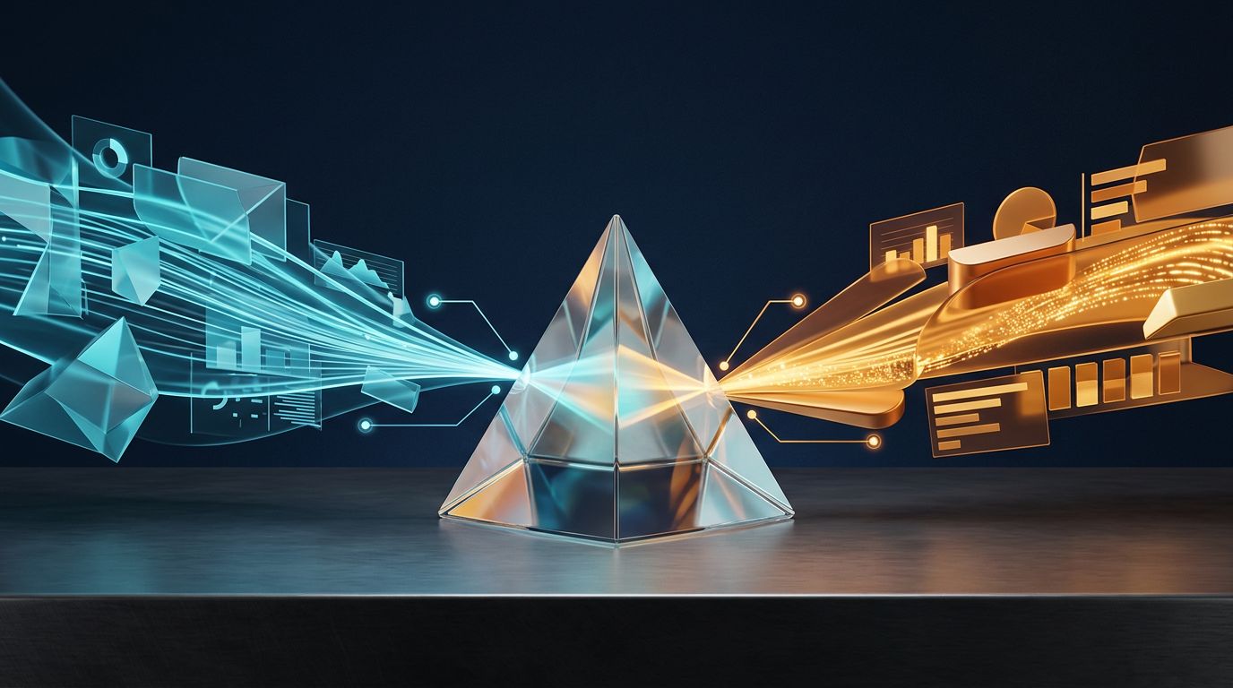Deux flux lumineux cyan et doré traversent un prisme de verre dans une scène abstraite de mesure publicitaire