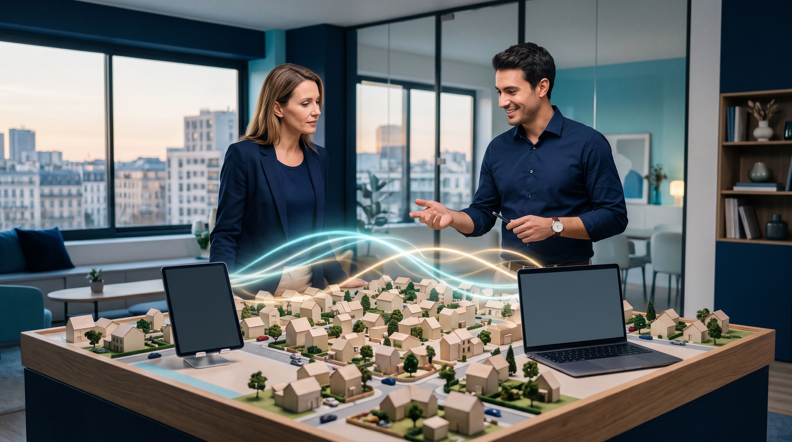 Deux professionnels élaborant une stratégie d’acquisition locale autour d’un quartier miniature connecté