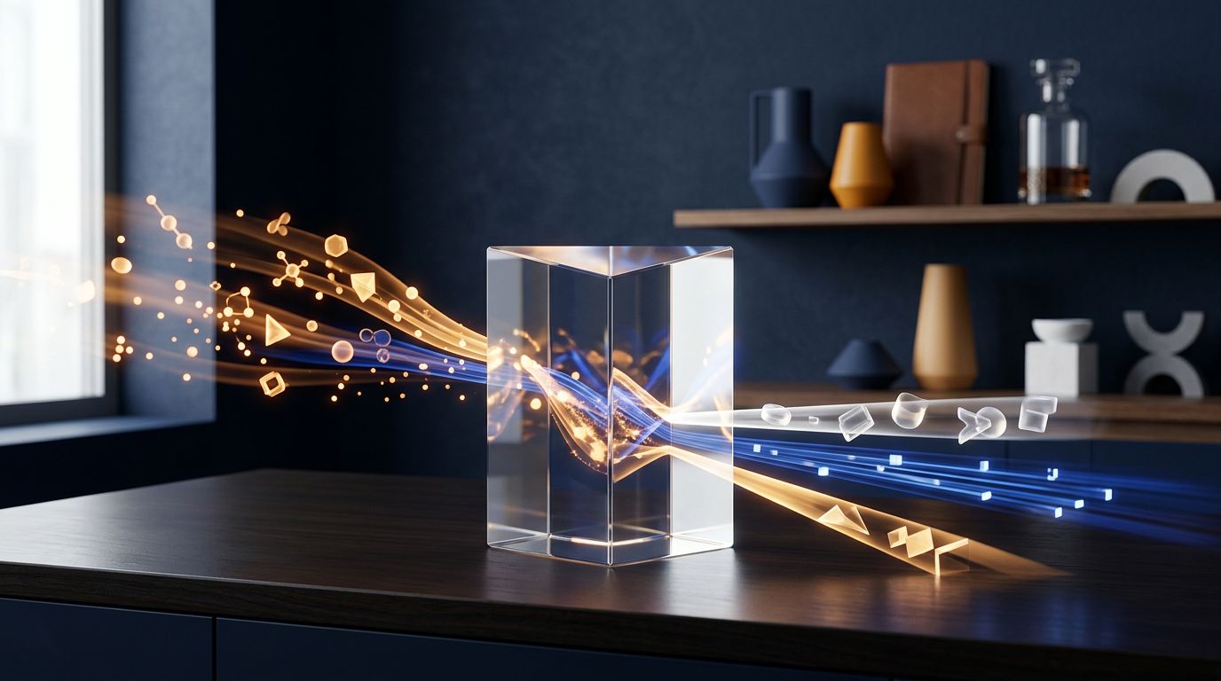 Flux de signaux lumineux traversant un prisme transparent vers plusieurs parcours média, sans texte ni marque