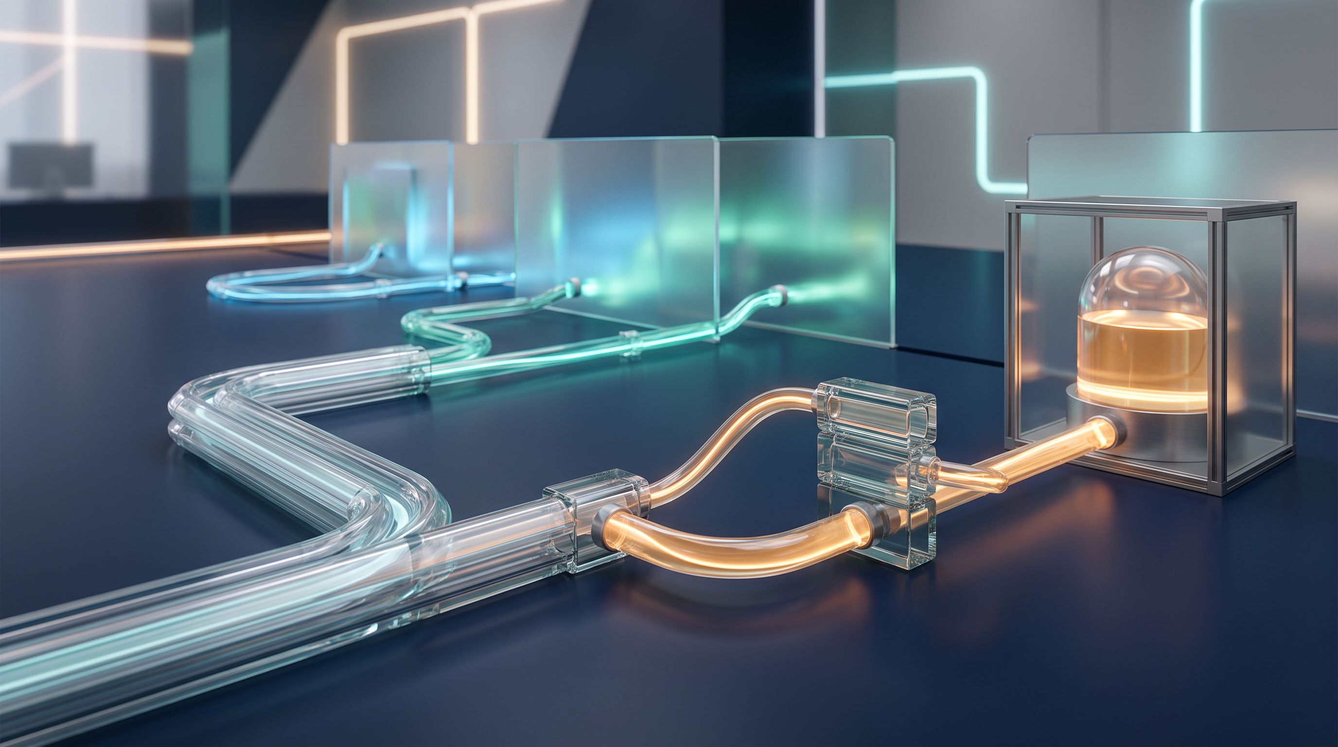 Conduits de verre bleus et ambrés traversant des portes transparentes vers un réservoir sécurisé