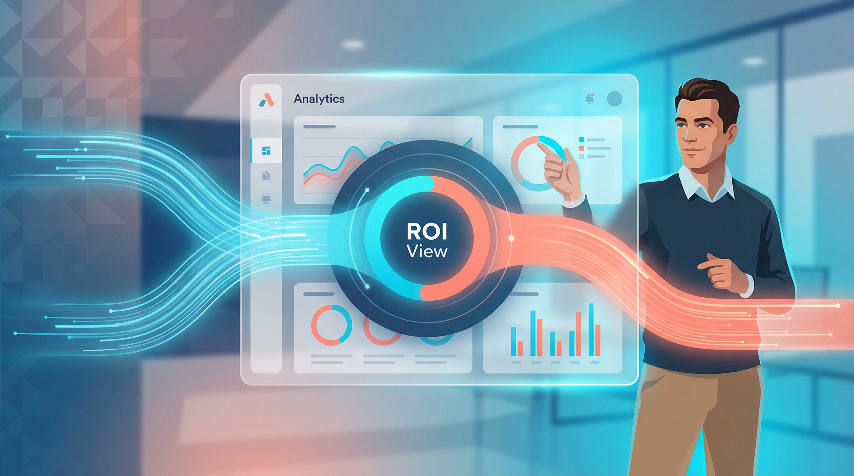 Illustration éditoriale d’un tableau de bord Google Analytics recevant des flux de coûts publicitaires provenant de Meta Ads et TikTok Ads.