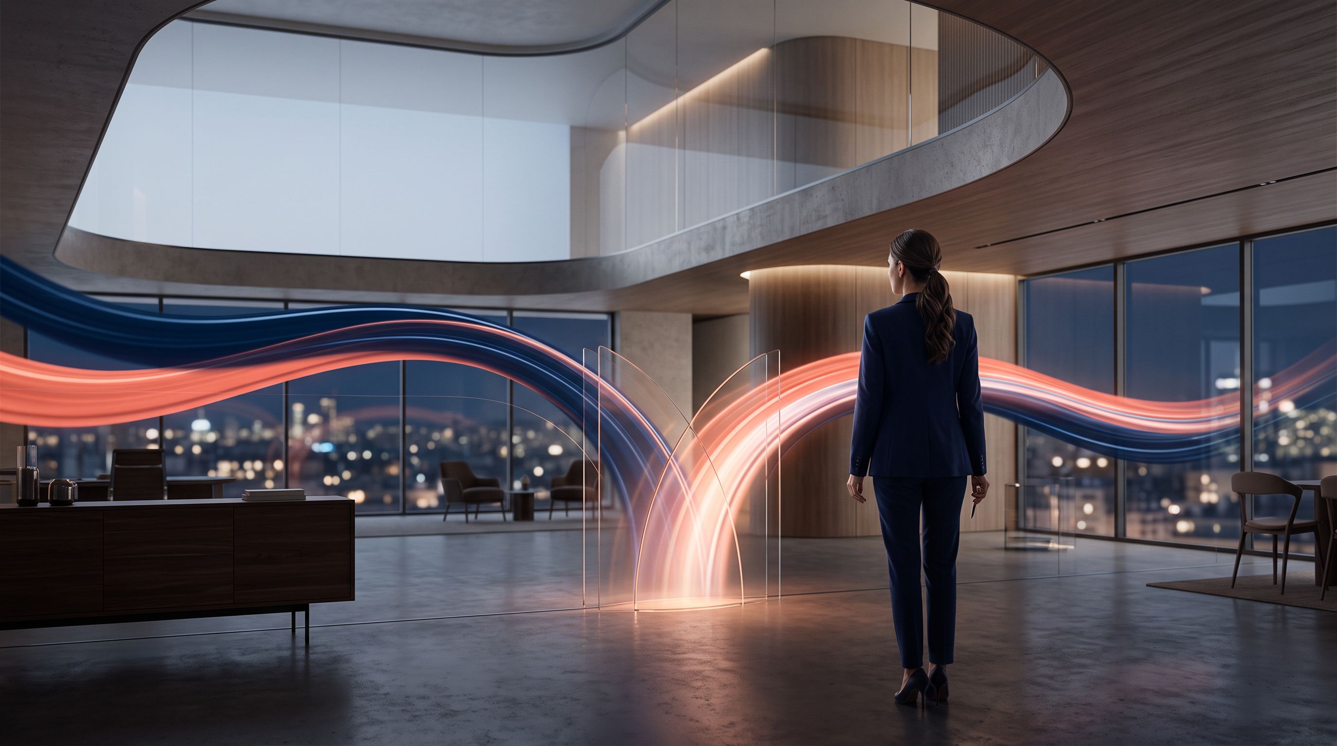Stratège observant deux flux lumineux bleu nuit et corail dans une salle contemporaine