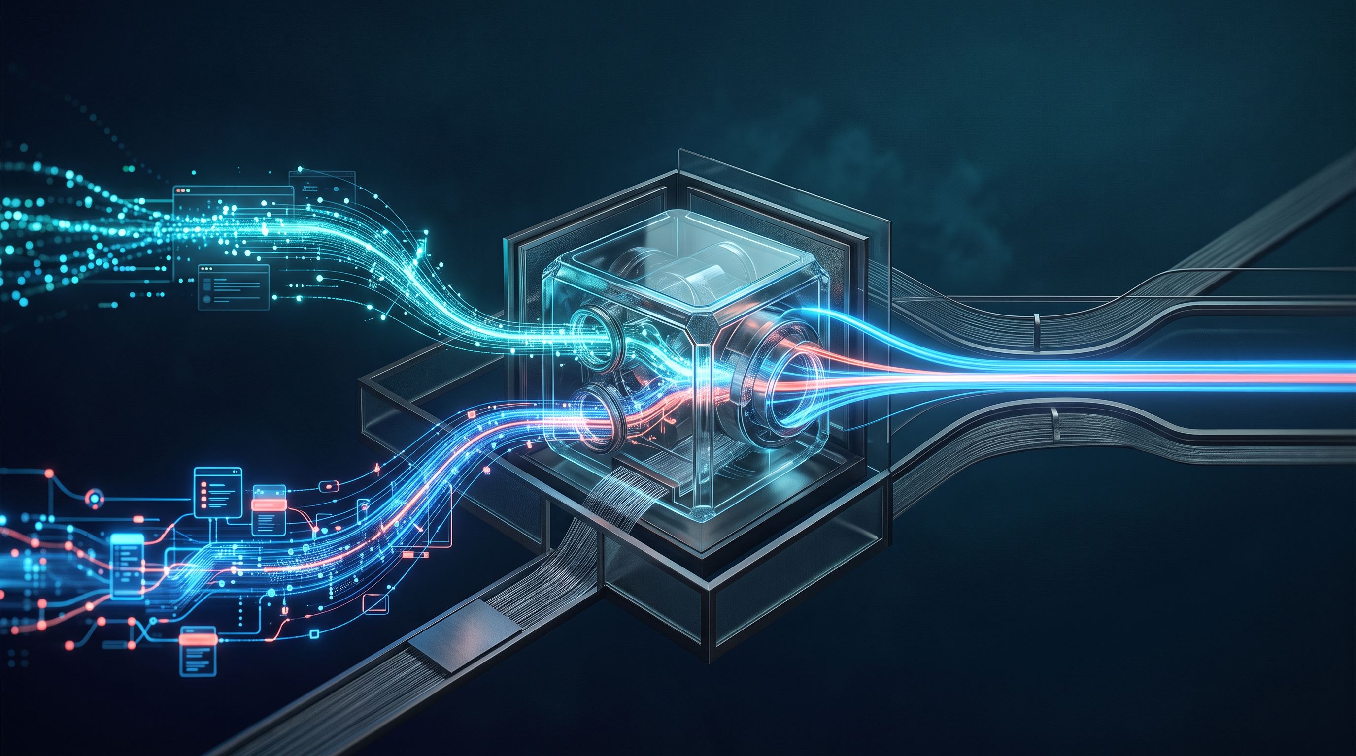 Deux flux de données lumineux convergent vers un mécanisme transparent avant de former un signal de conversion unique