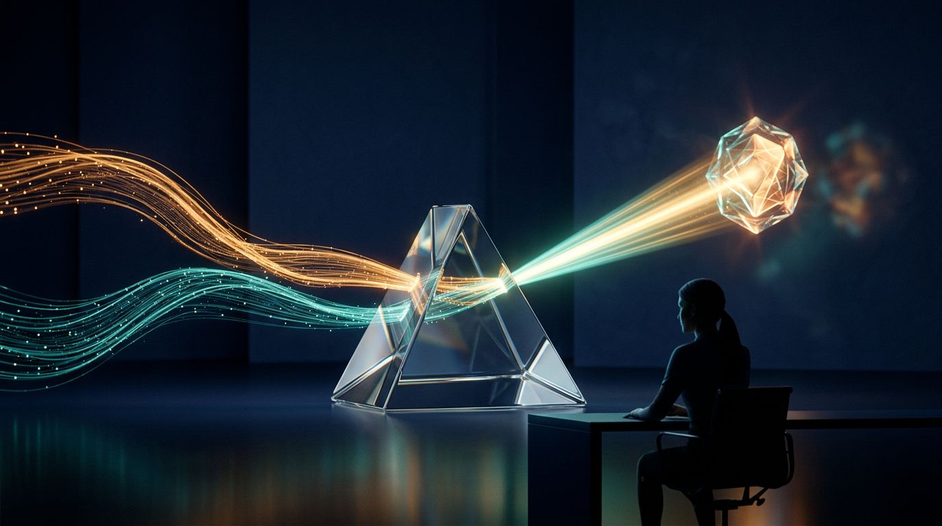 Flux lumineux de dépenses et de qualité commerciale convergeant dans un prisme transparent