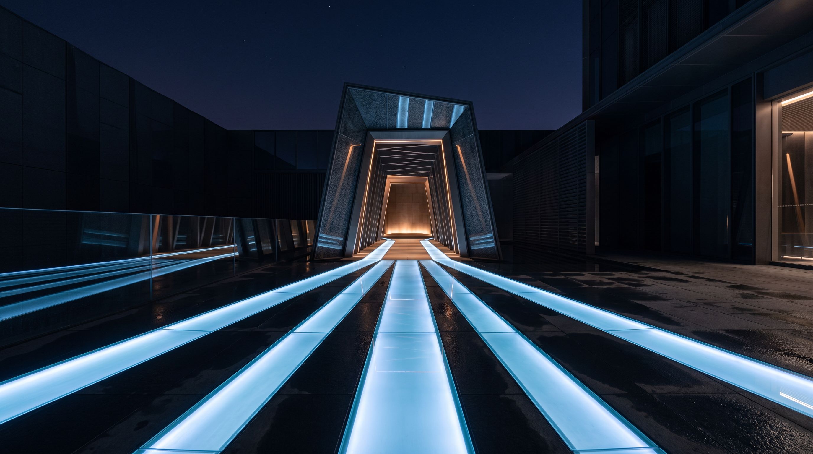 Plusieurs voies lumineuses se resserrent à travers une porte architecturale