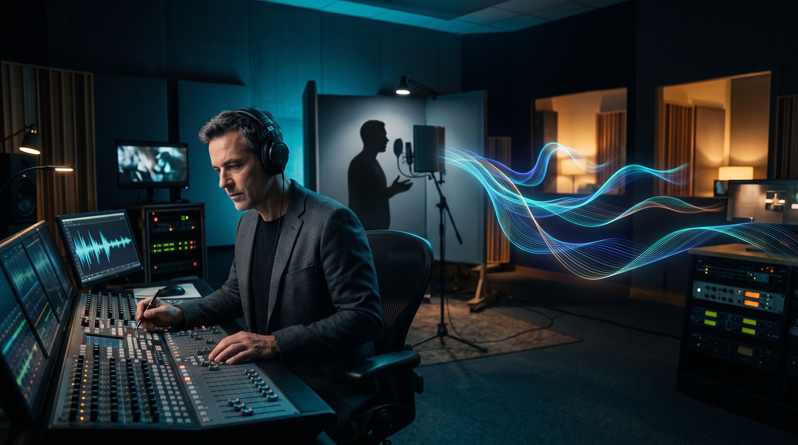 Directeur créatif contrôlant des ondes audio colorées qui relient un studio d’enregistrement à plusieurs espaces de diffusion