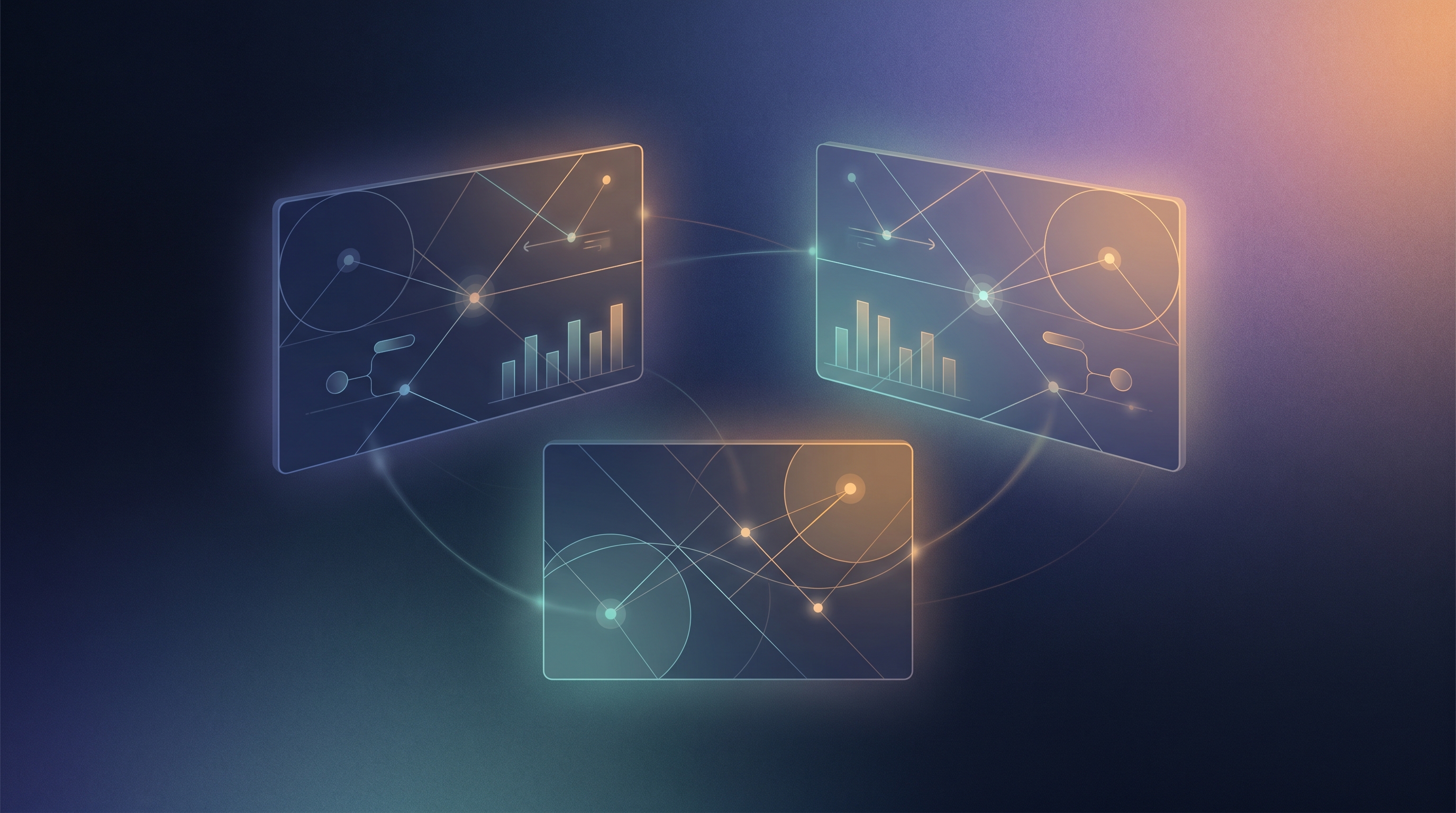 Illustration éditoriale abstraite représentant trois panneaux de données translucides superposés, symbolisant les écarts entre Google Ads, GA4 et CRM.