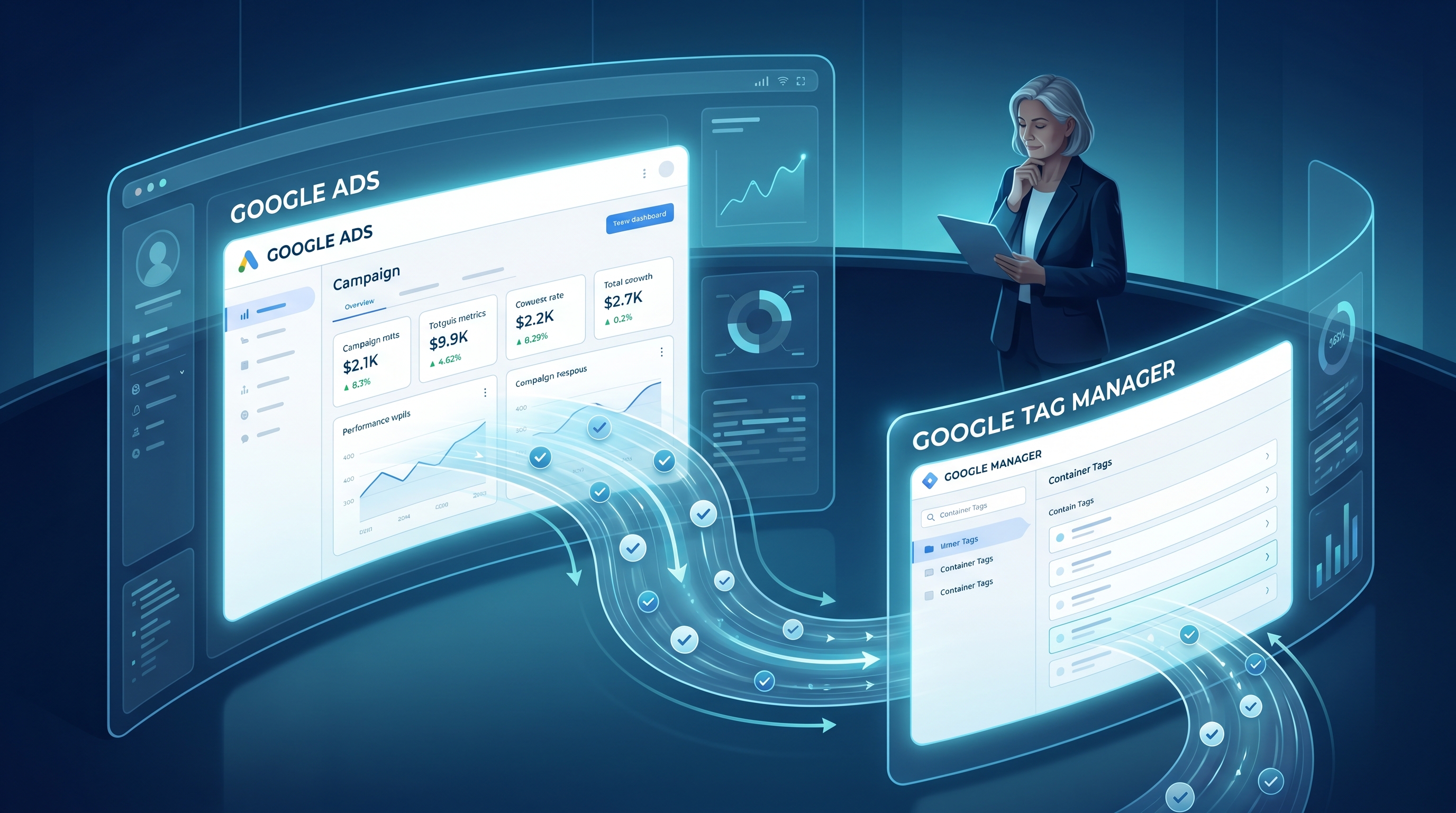 Illustration premium montrant une connexion fluide entre Google Ads, Google Tag Manager et le tracking de conversion.