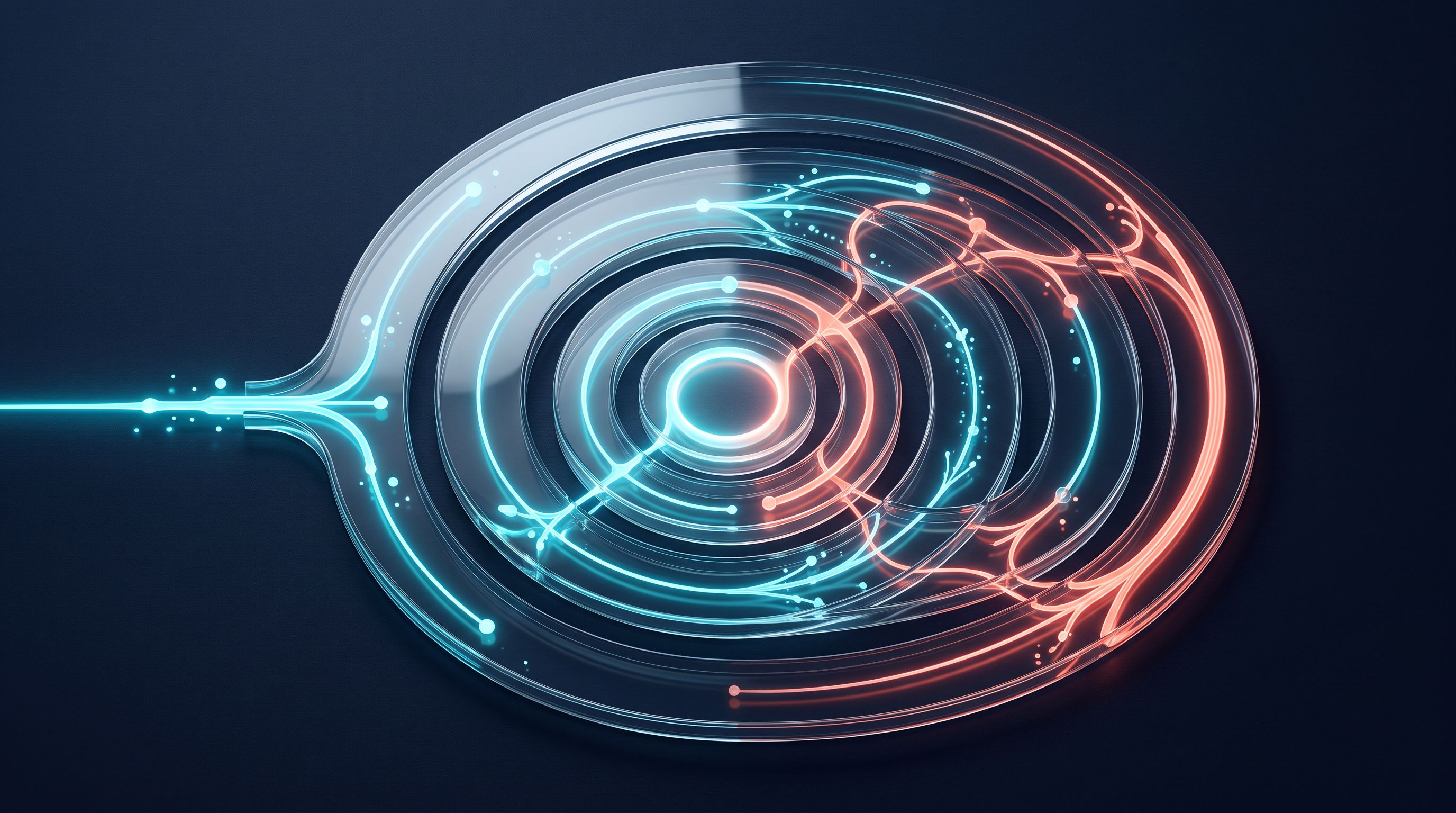 Parcours lumineux concentriques représentant plusieurs étapes du cycle client dans un système publicitaire