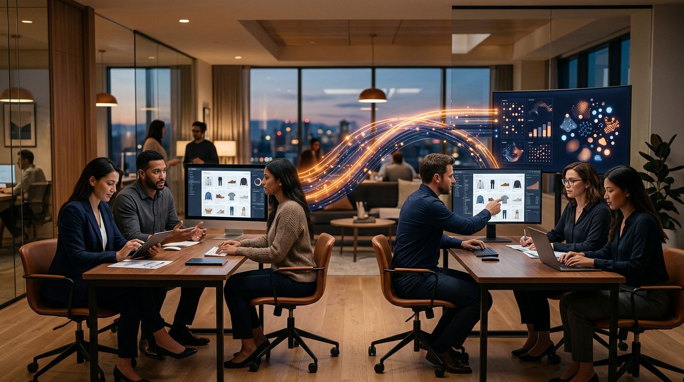 Deux équipes e-commerce reliant des signaux d’audience dans un environnement de données abstrait