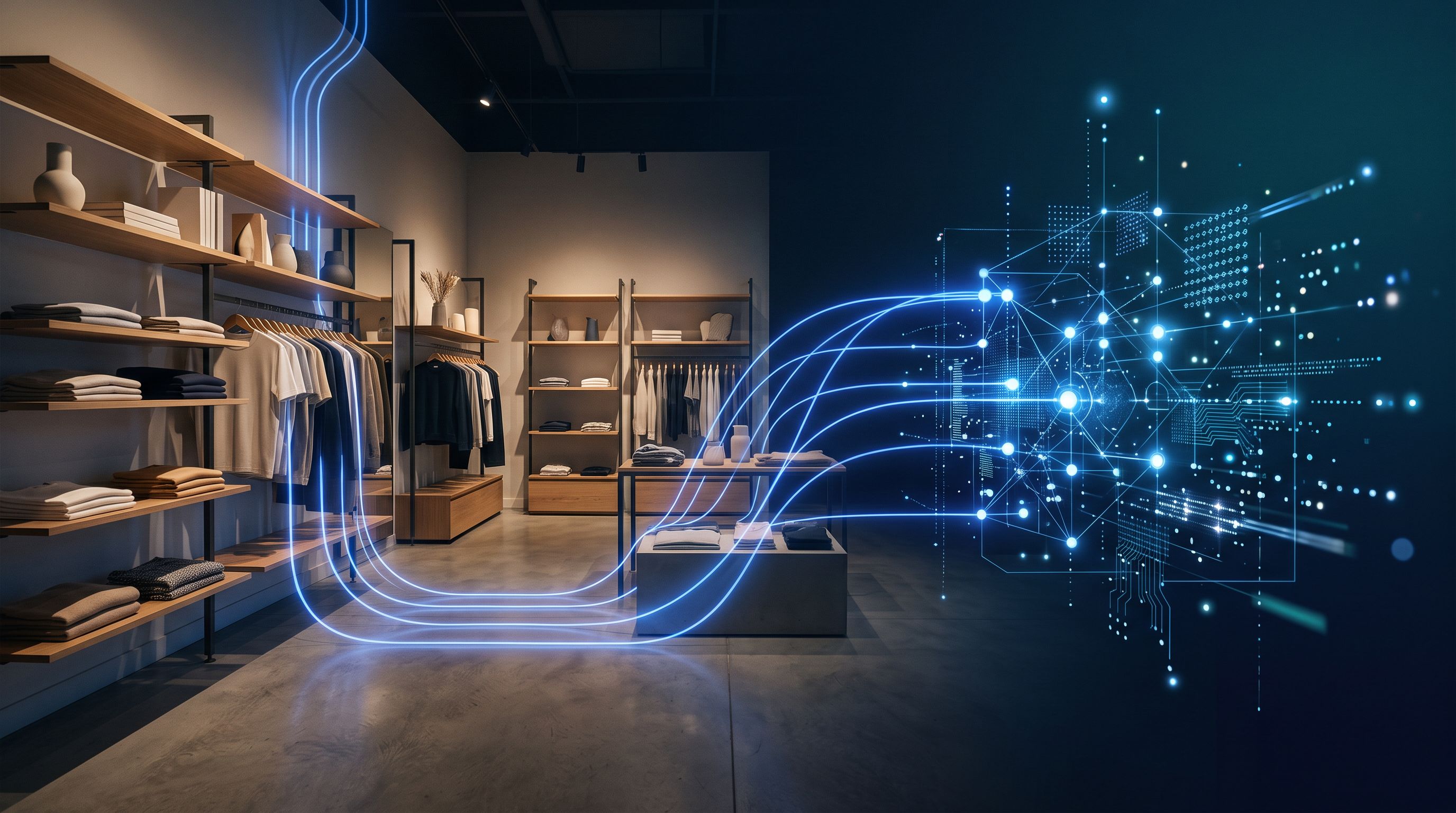 Boutique générique reliée par des flux lumineux à une architecture de données sécurisée
