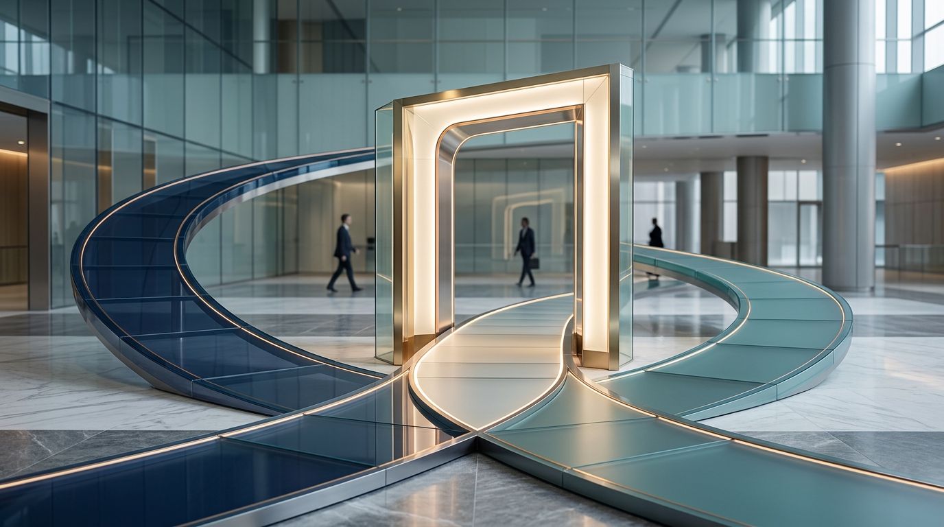 Deux parcours vitrés bleu marine et turquoise traversent un portique lumineux de vérification dans un espace contemporain