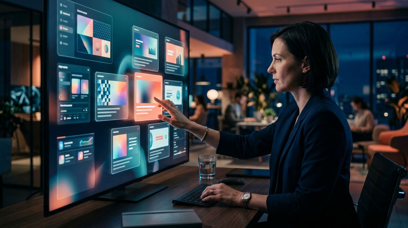 Stratège examinant des variantes créatives abstraites avant leur mise en ligne