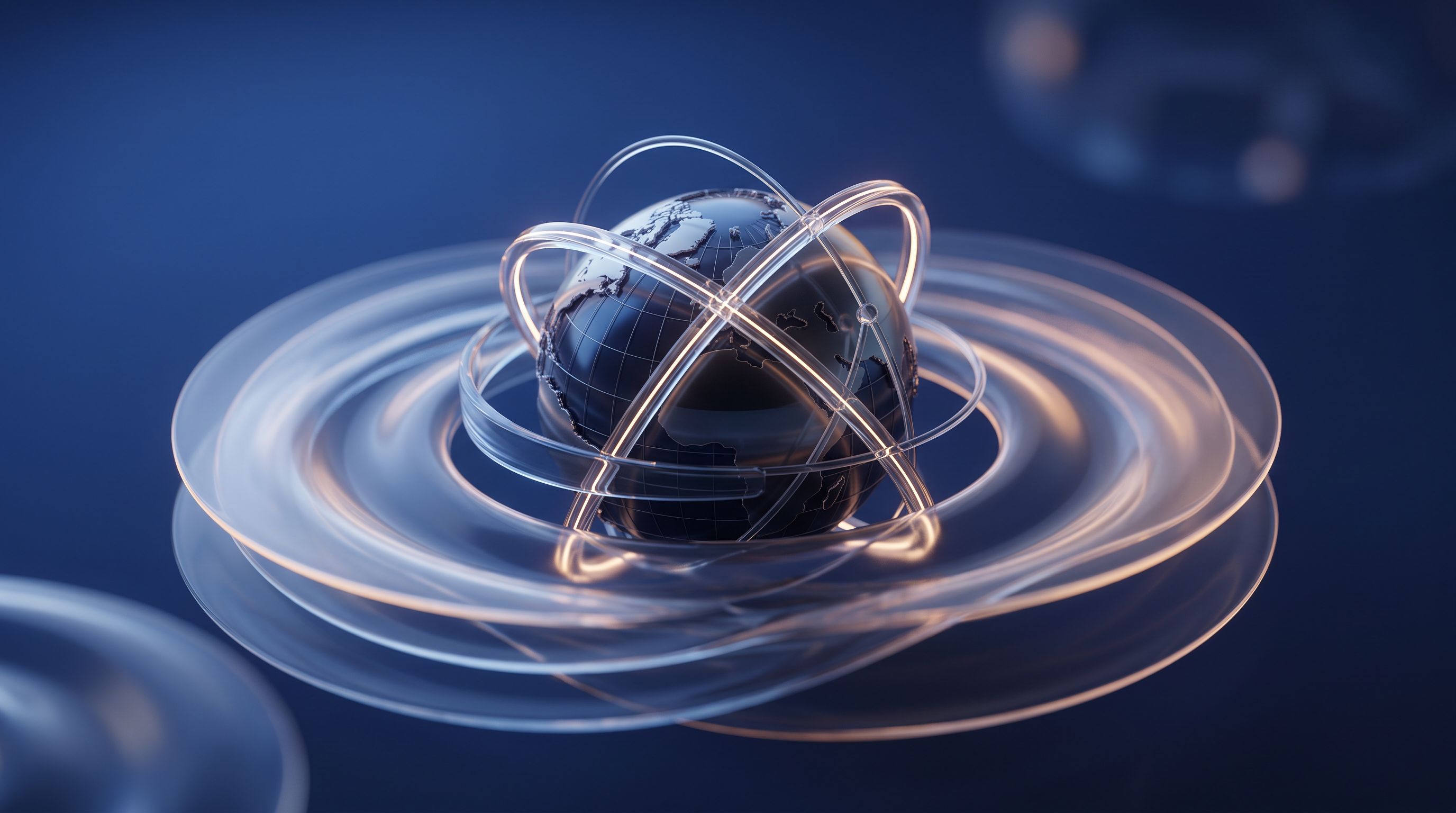 Globe de verre entouré de trajectoires lumineuses et de cercles conversationnels, sans texte ni marque