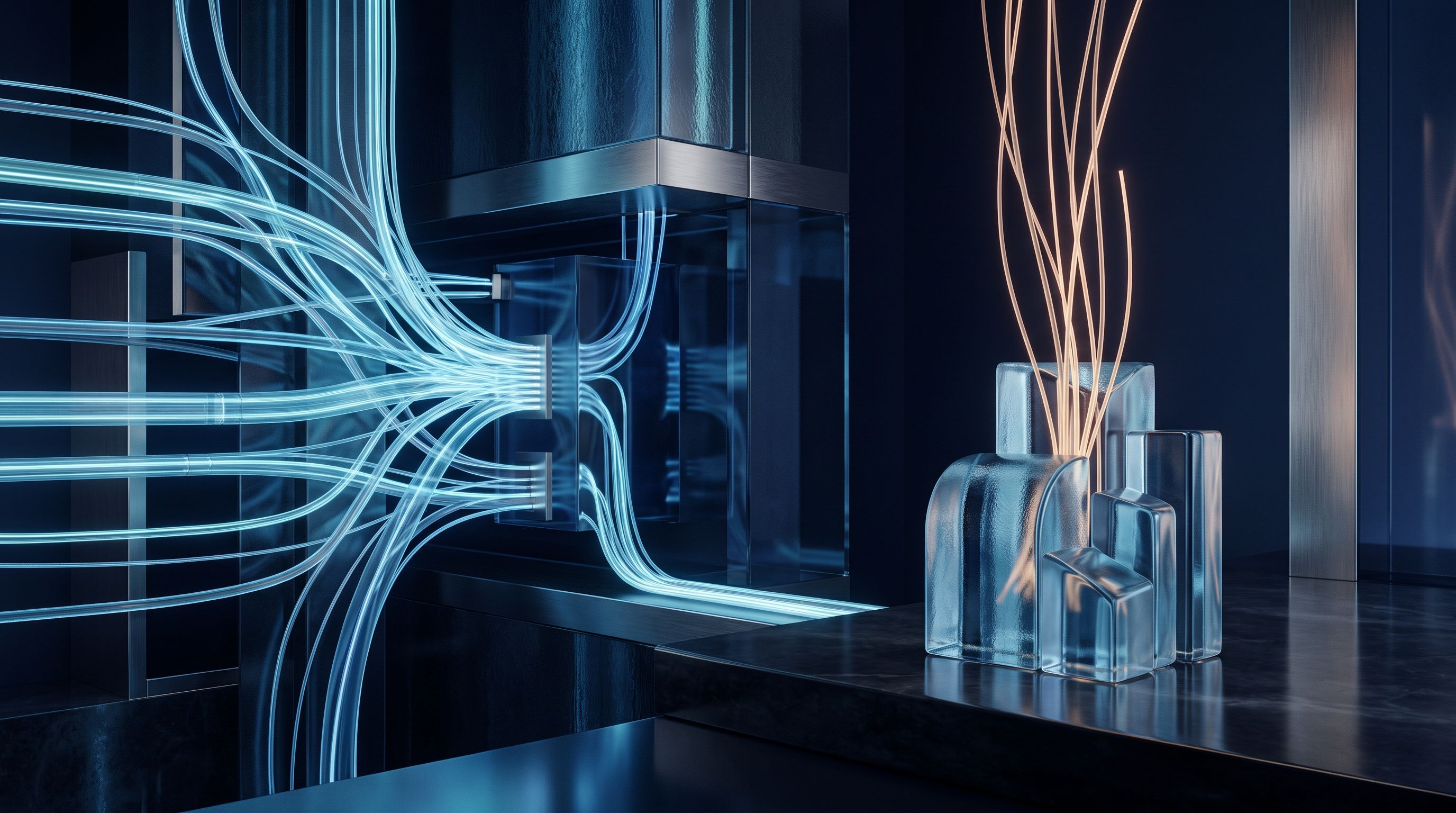 Trajectoires lumineuses de recherche traversant un espace de verre, entre volume et valeur, sans texte ni marque
