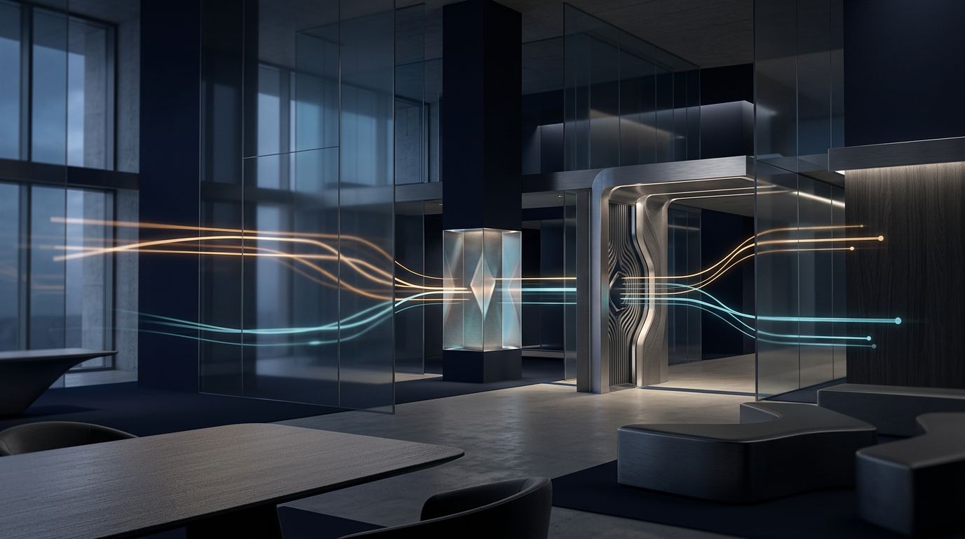 Flux lumineux abstraits traversant une porte de consentement dans un studio sombre
