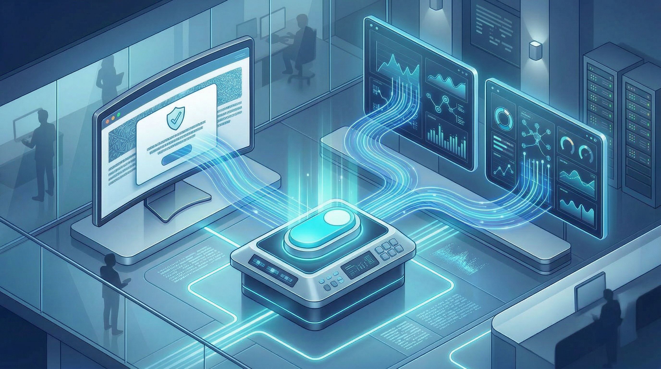 Illustration premium d'un centre de pilotage data avec bannière de consentement, flux de données et tableaux de bord publicitaires.