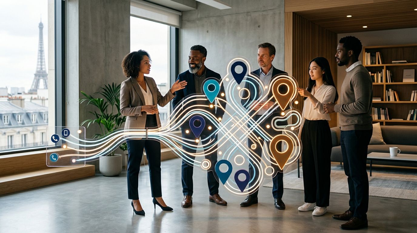 Équipe locale réunie autour de flux lumineux de contacts et de repères géographiques convergeant vers un même système