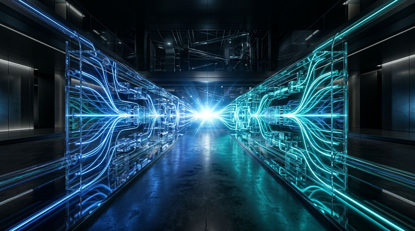 Deux architectures lumineuses parallèles symbolisant la comparaison entre Google AI Max et Microsoft AI Max