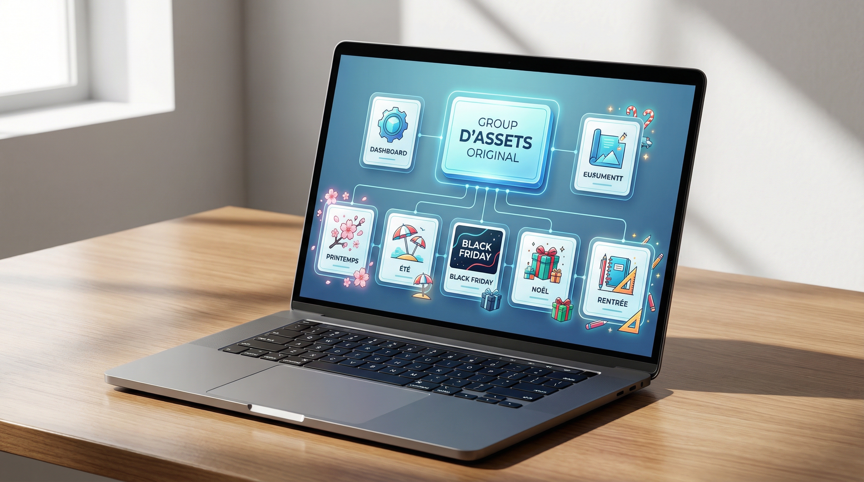 Illustration éditoriale montrant un tableau de bord publicitaire avec un asset group Performance Max décliné en plusieurs variantes saisonnières printemps, été, Black Friday et Noël.