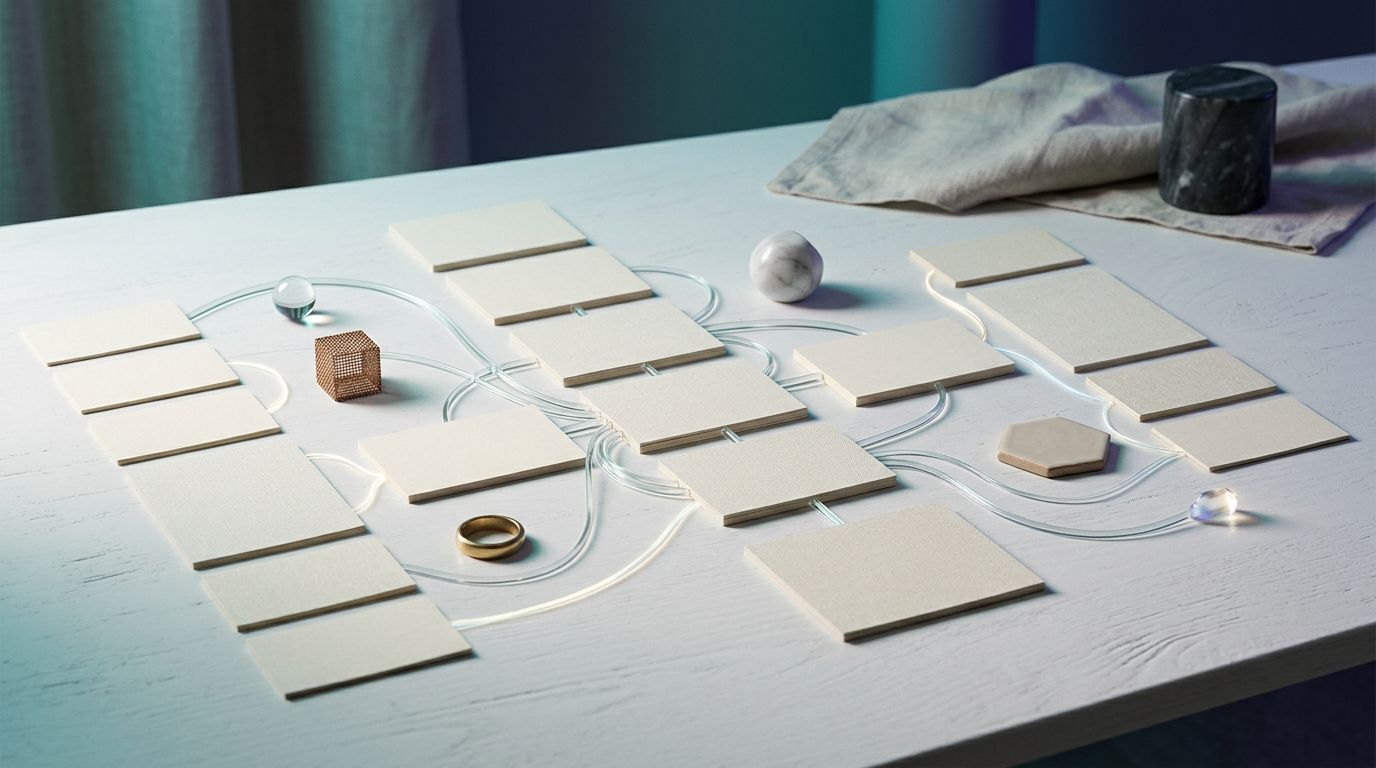 Cartes produits vierges reliées par des fils transparents sur une table de studio