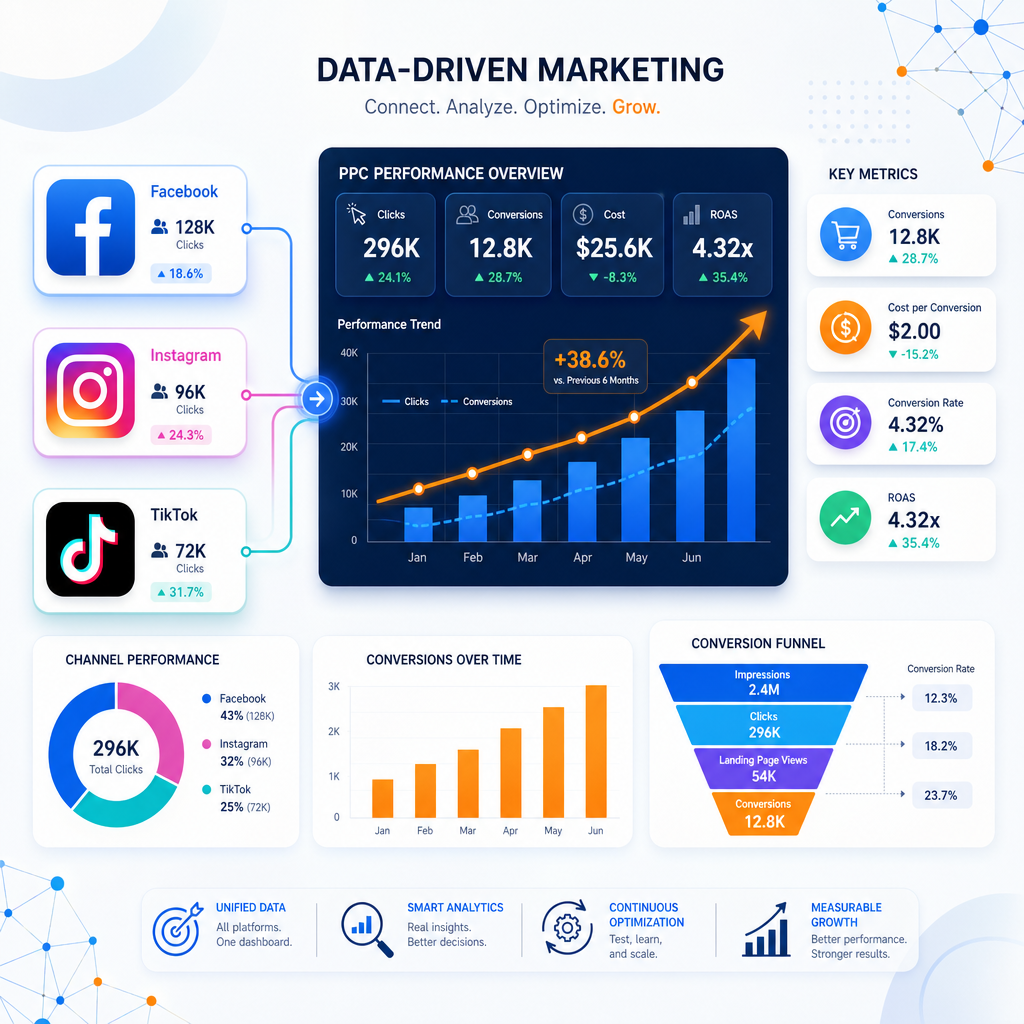 Illustration éditoriale d'un tableau de bord montrant l'impact du paid social sur le PPC, avec des graphiques de trafic et de conversions.