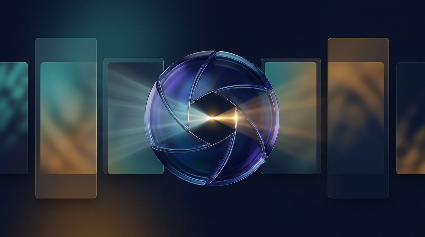 Prisme de verre bleu et violet concentrant une lumière dorée parmi des formats vidéo abstraits