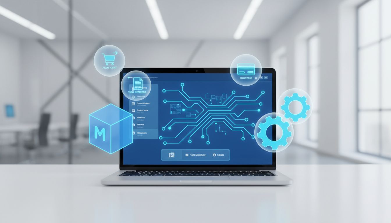 Illustration d'un poste de pilotage marketing avec dashboard analytics, événements ecommerce et intégration de tracking entre Meta et Google Tag Manager.