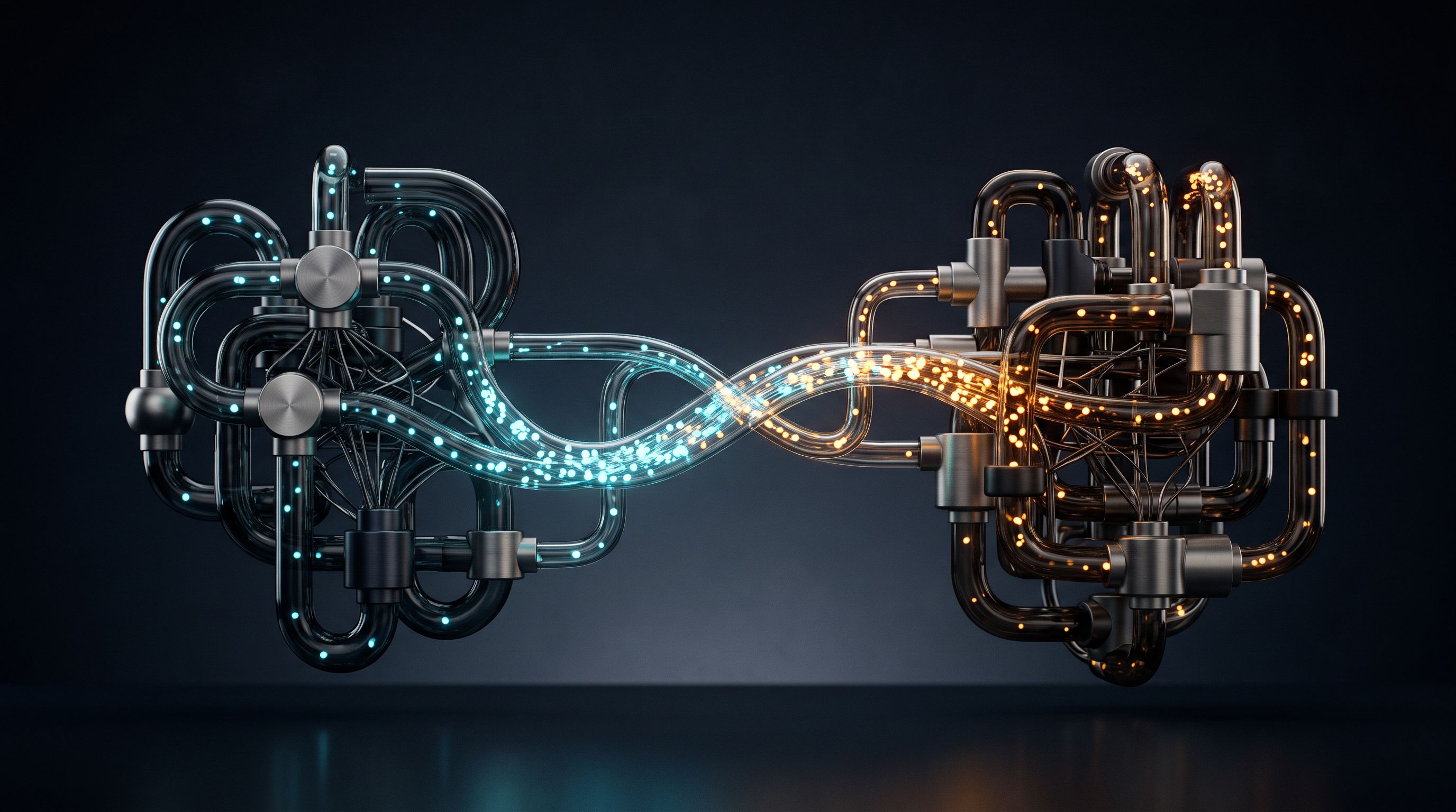 Deux systèmes de données abstraits reliés par un flux lumineux représentant la connexion entre publicité et CRM