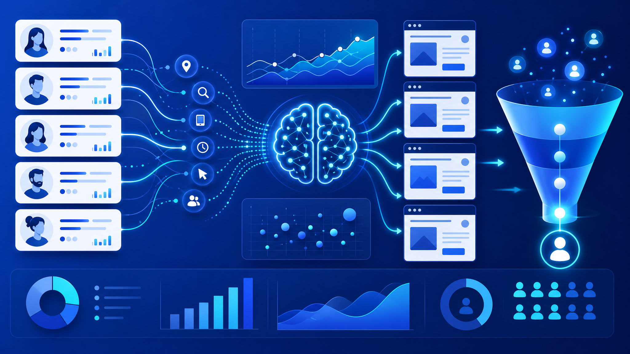 Illustration éditoriale d'un tableau de bord de paid search moderne montrant des signaux audience, des parcours utilisateurs et des données de conversion remplaçant les mots-clés traditionnels.