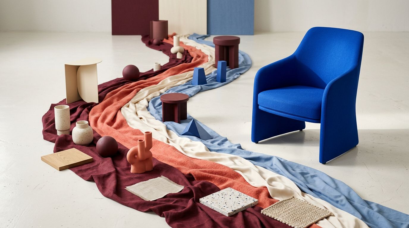 Chemin de matières et d’objets visuels convergeant vers un fauteuil bleu mis en évidence