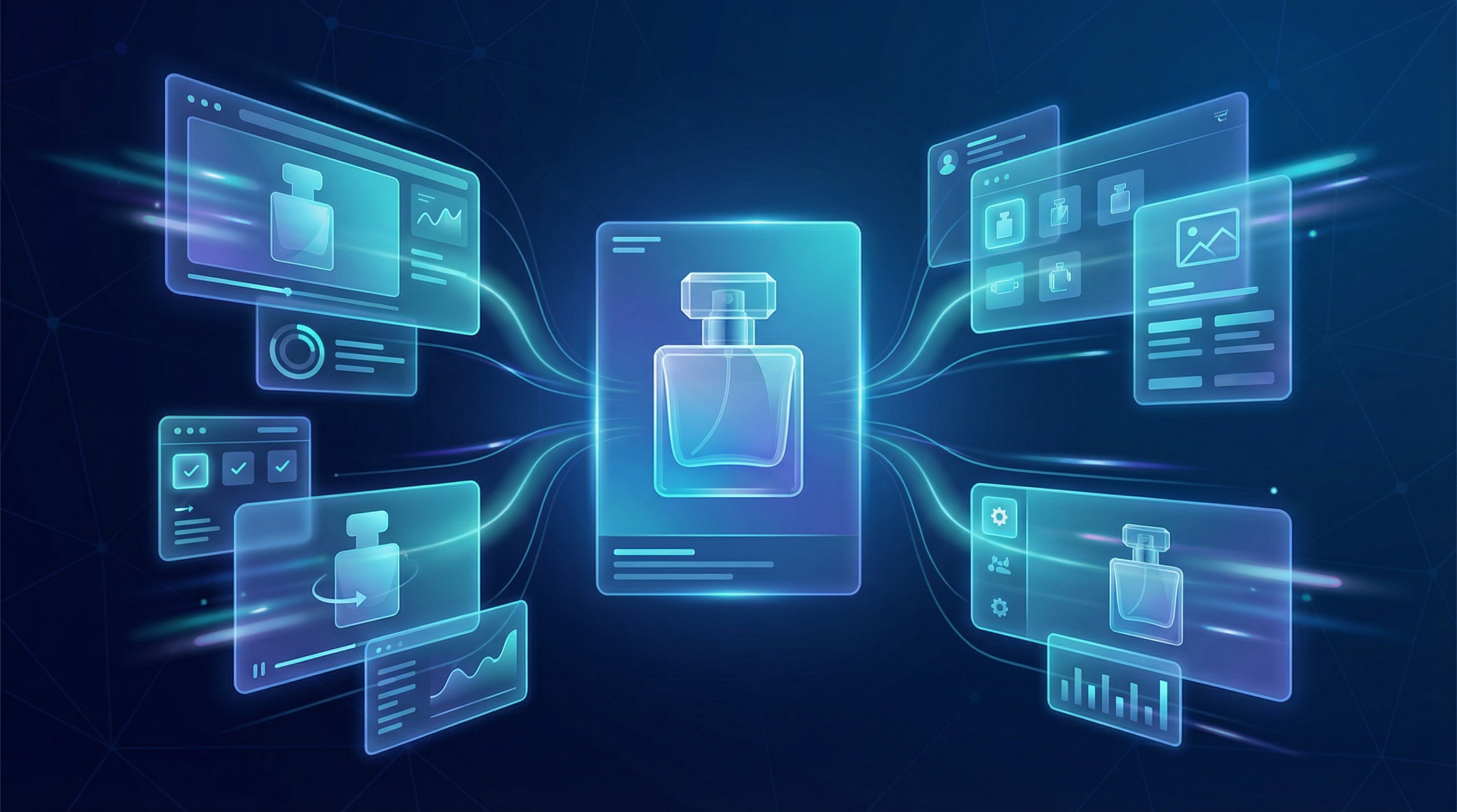 Illustration éditoriale d’un tableau de bord Performance Max transformant une image statique en plusieurs clips vidéo animés générés par IA.