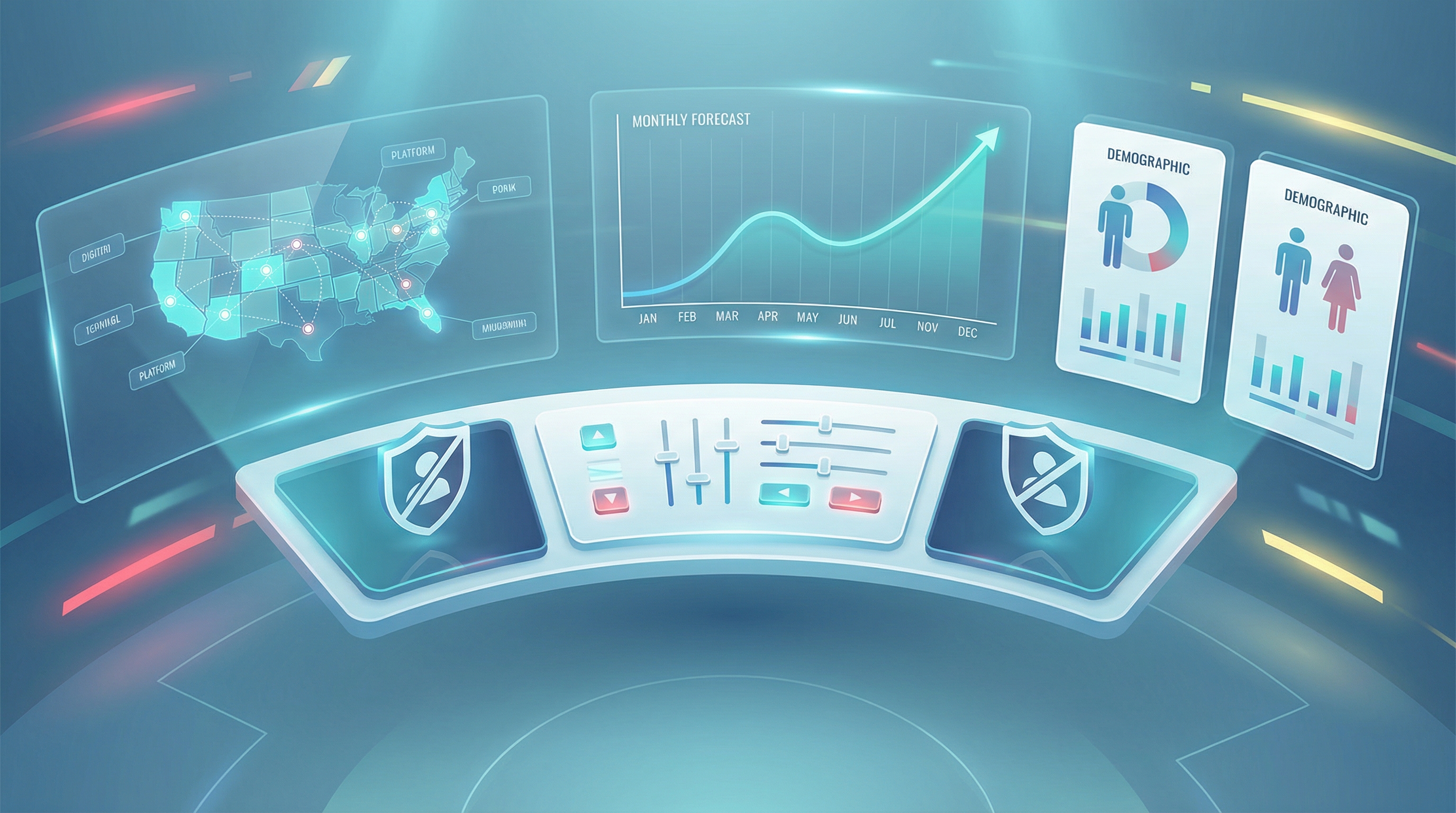Illustration éditoriale d’un cockpit publicitaire moderne montrant des contrôles Performance Max, des exclusions d’audience, un reporting démographique et une courbe de budget prévisionnel.