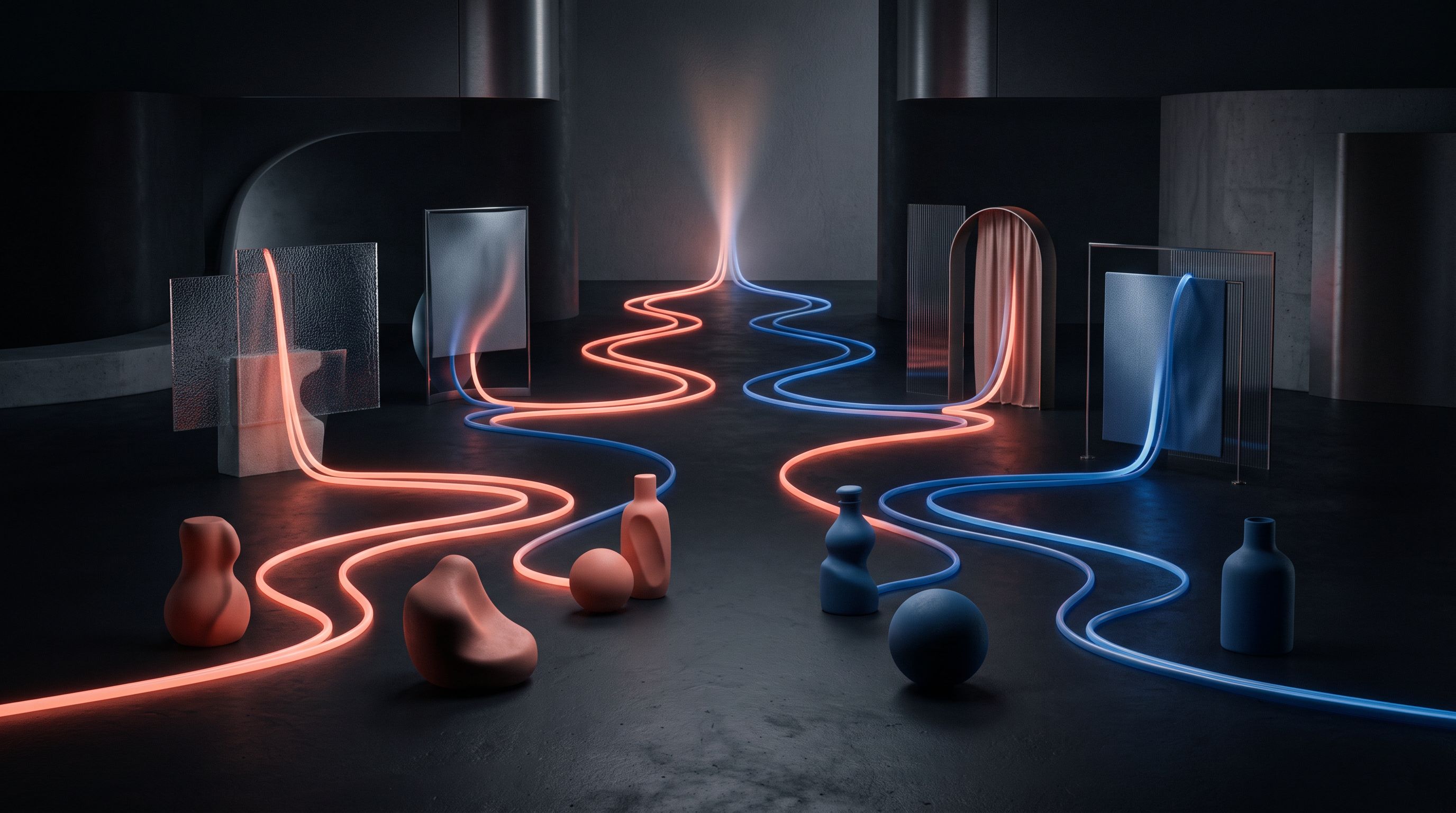 Flux lumineux reliant des produits abstraits à plusieurs surfaces média puis à deux chemins de mesure comparables