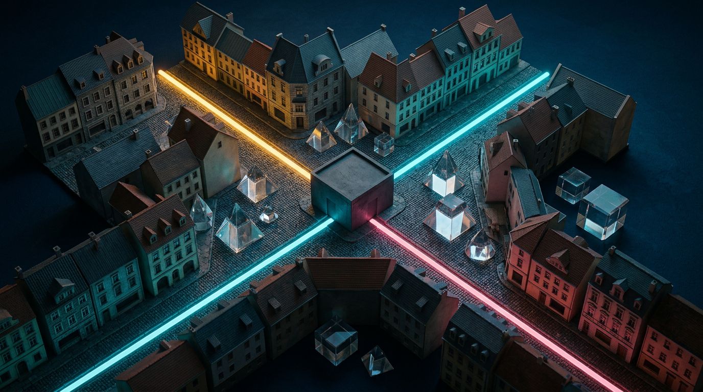 Quartier miniature traversé par des parcours lumineux vers un établissement sans enseigne