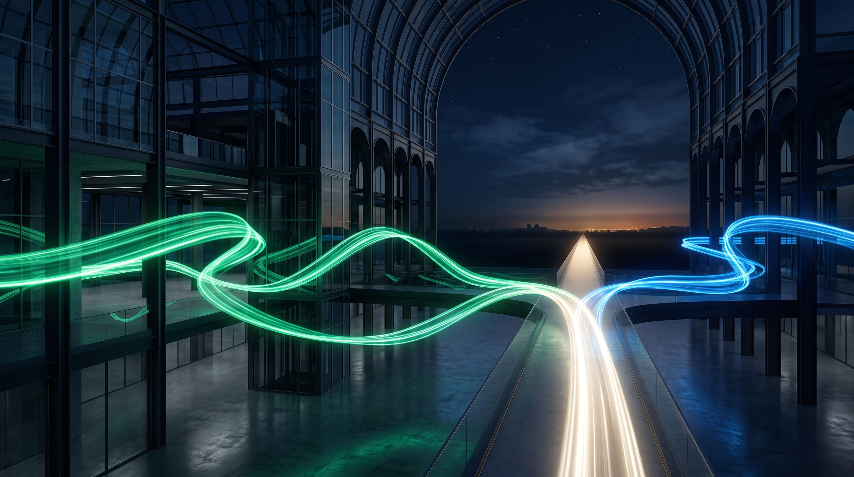 Deux flux lumineux vert et bleu fusionnent en une seule voie vers l’horizon