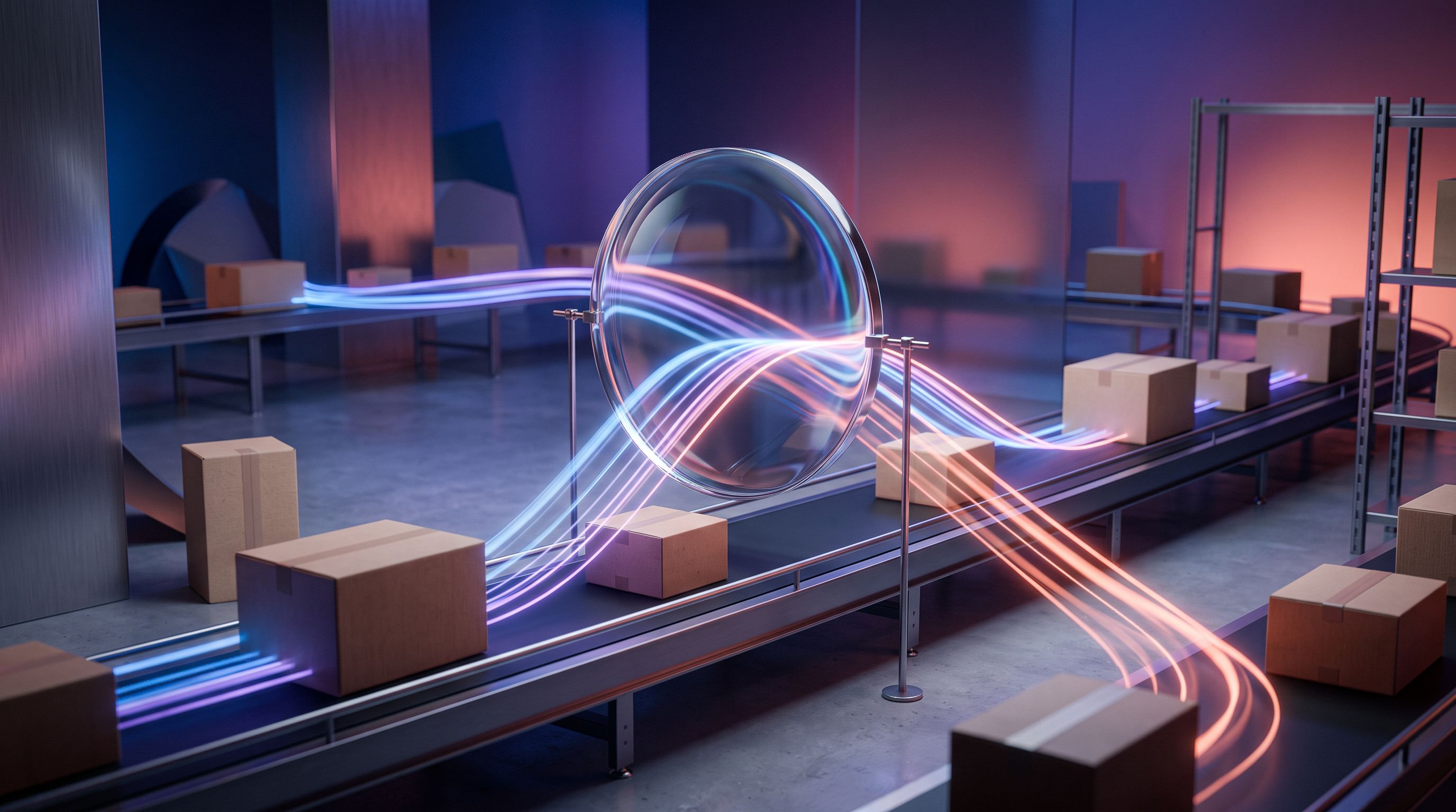 Colis sans marque traversant un système logistique relié par des flux lumineux abstraits de mesure social commerce