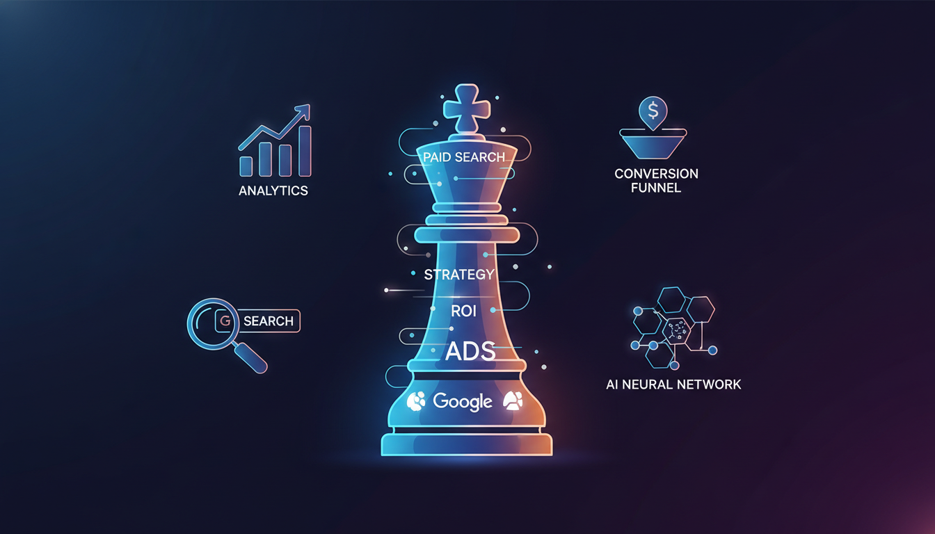 Illustration stratégique du paid search en 2026 avec IA et data
