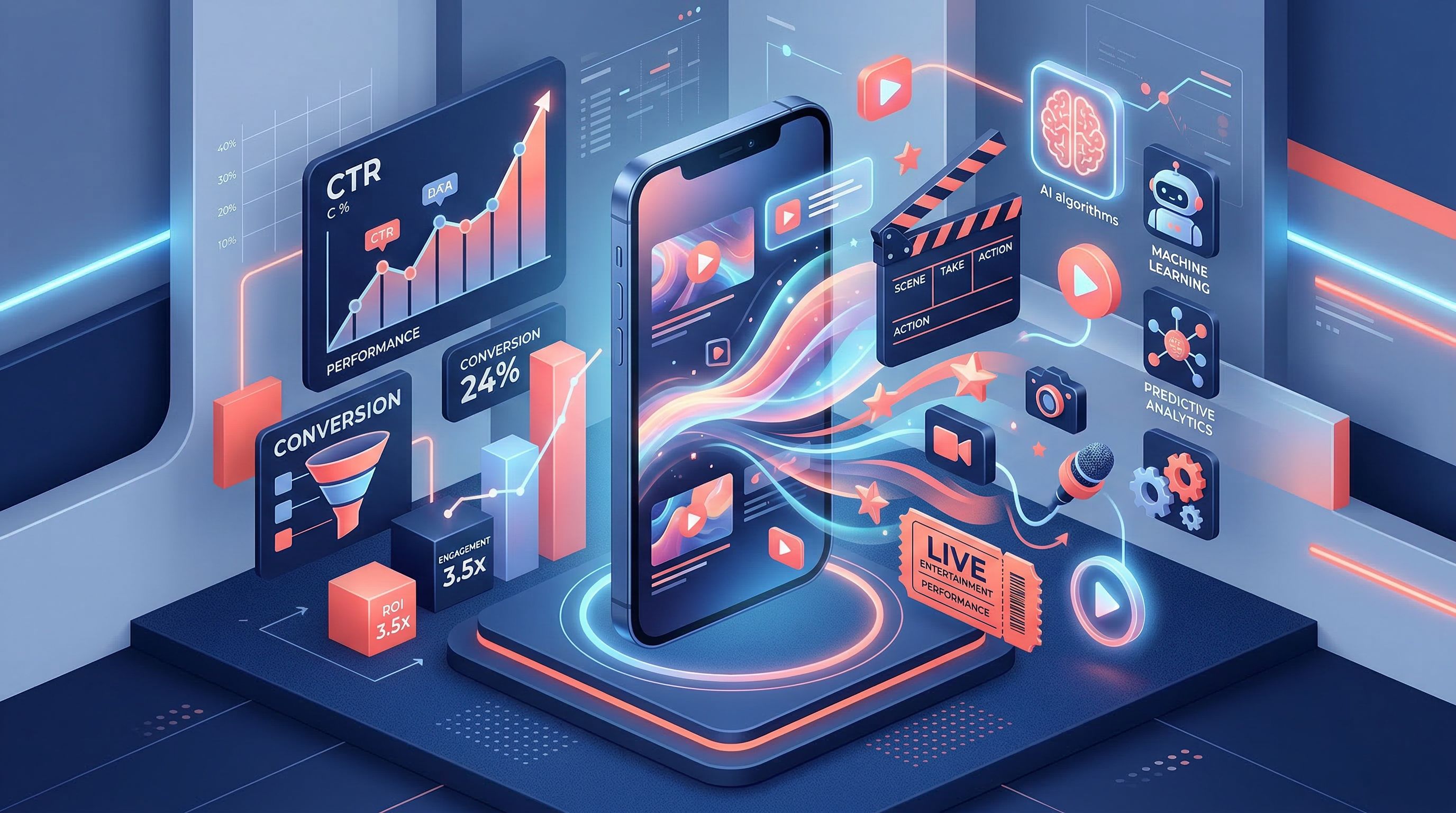 Illustration éditoriale d’un smartphone avec flux vidéo, icônes IA et courbes de performance marketing.