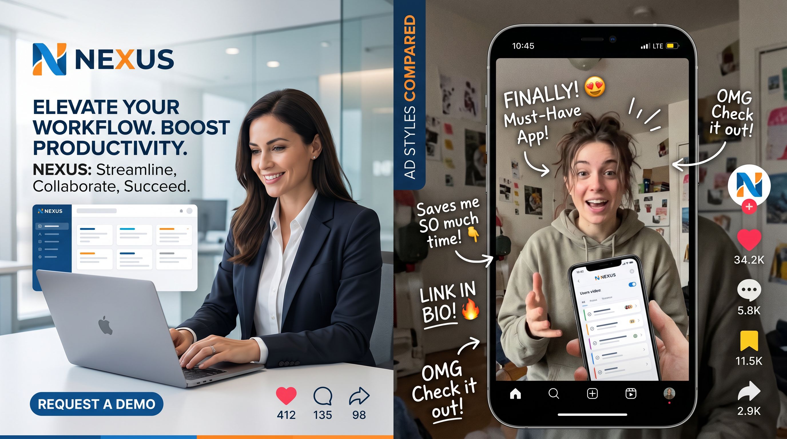 Comparaison entre publicité studio soignée et publicité lo-fi brute qui performe mieux sur Meta et TikTok.