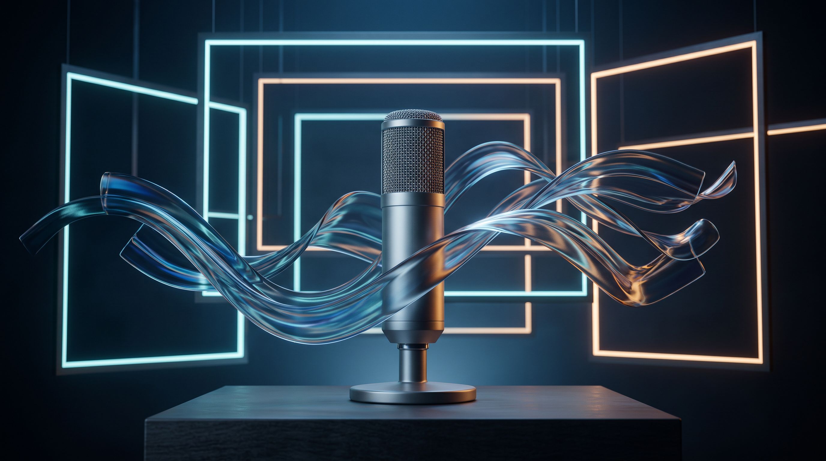 Microphone générique entouré de flux lumineux et de cadres abstraits symbolisant les tests créatifs YouTube Ads